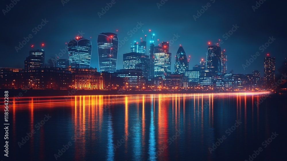 Fototapeta premium A nighttime city skyline reflecting on water, showcasing illuminated buildings and vibrant lights.