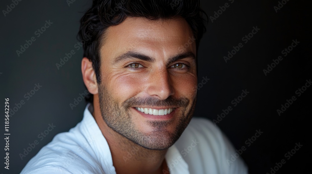 Fototapeta premium Smiling handsome man close-up portrait with dark background and ample copyspace for text or branding on the left side