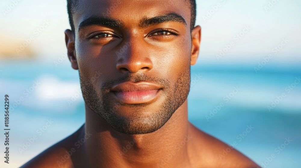 Portrait of a confident African American man with a serene beach background showcasing natural beauty and summer vibes. Portrait of a confident African American man with a serene beach background showcasing natural beauty and summer vibes.