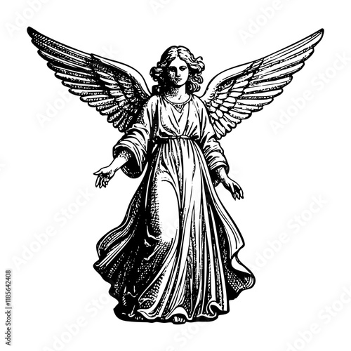 flying angel engraving black and white outline. Scratch board imitation.
