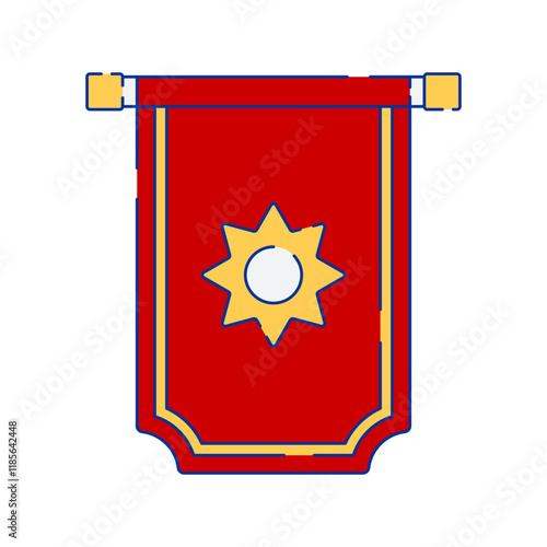 A vector illustration of a red banner with a yellow border and a sun symbol in the center. The sun-like symbol has eight rays. Ideal for themes related to flags, emblems, and cultural symbols