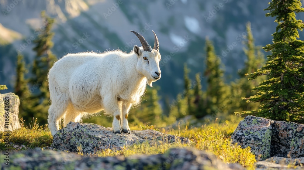 Obraz premium Majestic mountain goat standing on rocky terrain surrounded by greenery under warm sunlight in a scenic natural landscape.