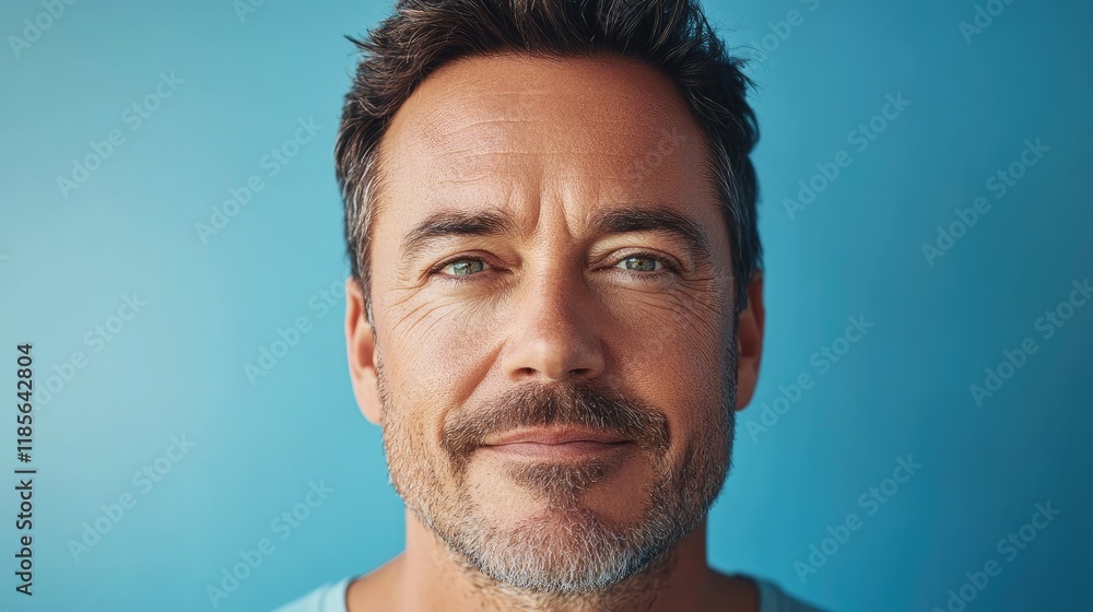 Fototapeta premium Confident mature man smiling warmly against a serene blue background showcasing approachability and charm in a modern portraiture style