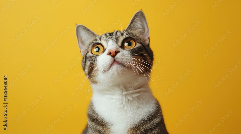 Playful cat portrait on vibrant yellow background ideal for pet health advertising and promotional banner design. Playful cat portrait on vibrant yellow background ideal for pet health advertising and promotional banner design.