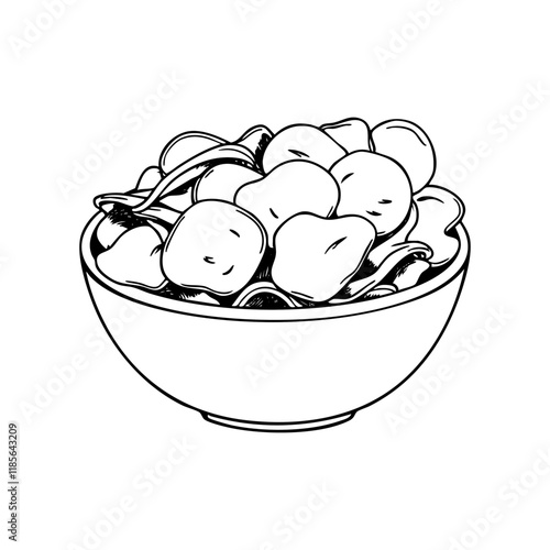 a bowl of potato chips engraving black and white outline. Scratch board imitation.
