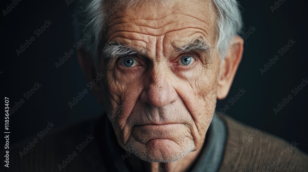 Close up portrait of a serious elderly man with gray hair displaying deep wrinkles against a dark background capturing a sense of wisdom and resilience Close up portrait of a serious elderly man with gray hair displaying deep wrinkles against a dark background capturing a sense of wisdom and resilience