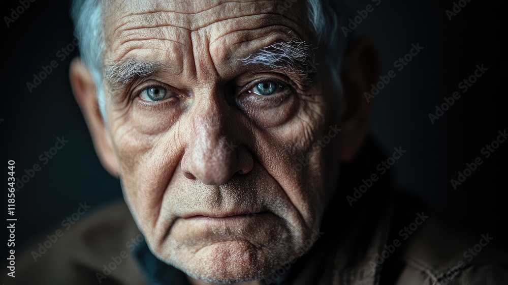 Serious elderly man portrait with gray hair and deep wrinkles contrasting against a dark background showcasing emotion and experience Serious elderly man portrait with gray hair and deep wrinkles contrasting against a dark background showcasing emotion and experience