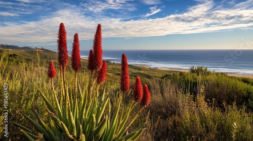 Vibrant Red Aloe Flowers Against Coastal Landscape with Ocean View and Sky in the Background During Sunrise or Sunset photo