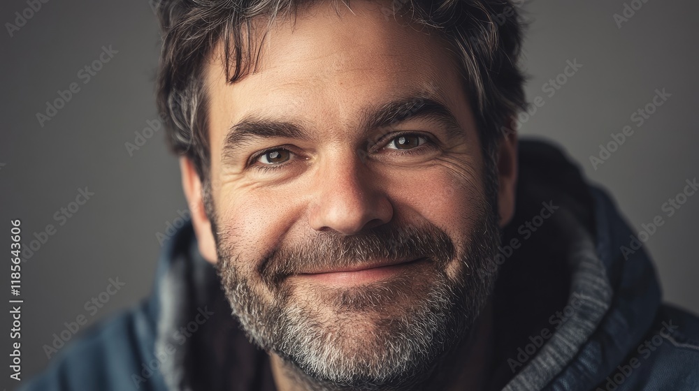 Fototapeta premium Smiling man close-up portrait with beard on neutral gray background conveying warmth and approachability in a casual setting