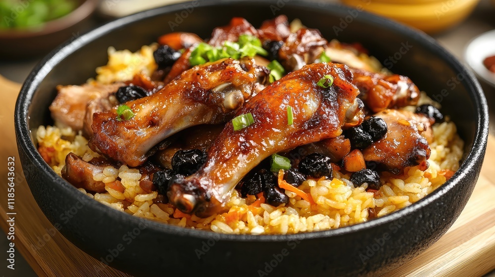 Delicious rice dish with chicken wings and pork featuring black mushrooms in traditional Asian cuisine served in a rustic bowl. Delicious rice dish with chicken wings and pork featuring black mushrooms in traditional Asian cuisine served in a rustic bowl.