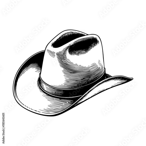 cowboy hat engraving black and white outline. Scratch board imitation.
