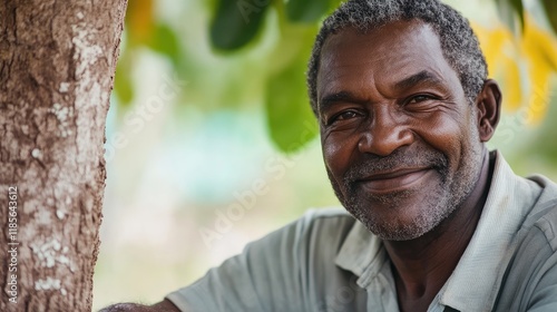 Smiling mature Black man enjoying nature while sitting by a tree in a serene outdoor setting