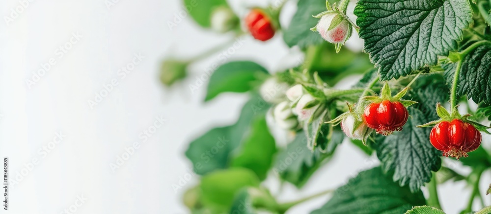 Obraz premium Close up of Fragaria vesca plant showcasing vibrant green leaves and red flowers with plenty of space for text applications.