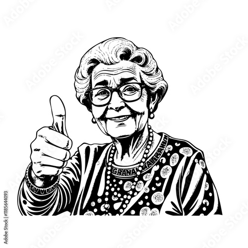 grandmother show thumb up engraving black and white outline. Scratch board imitation.
