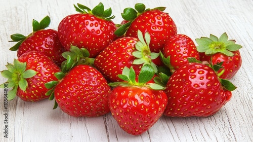 Fresh ripe strawberries piled on a rustic white wooden surface showcasing natural textures and vibrant colors for culinary designs.