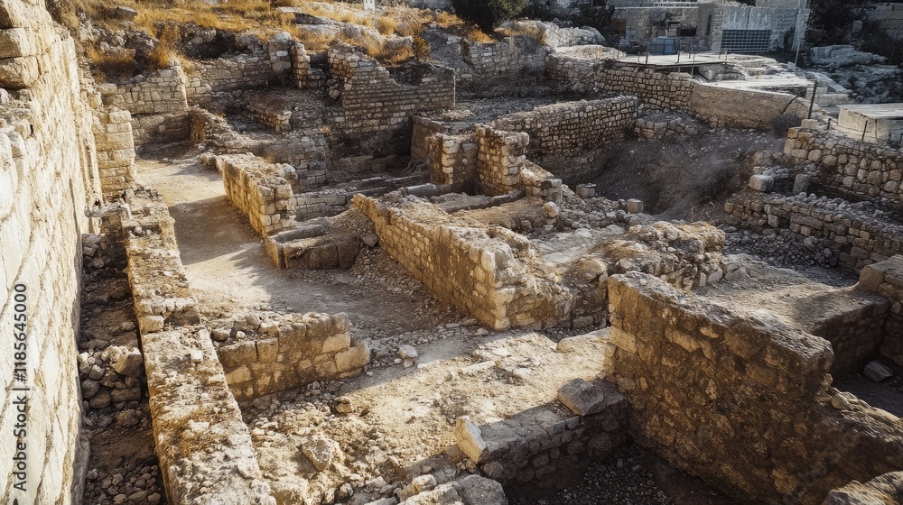 Fototapeta premium Ancient city ruins showcasing archaeological excavations and historical stone structures in a sunlit landscape.