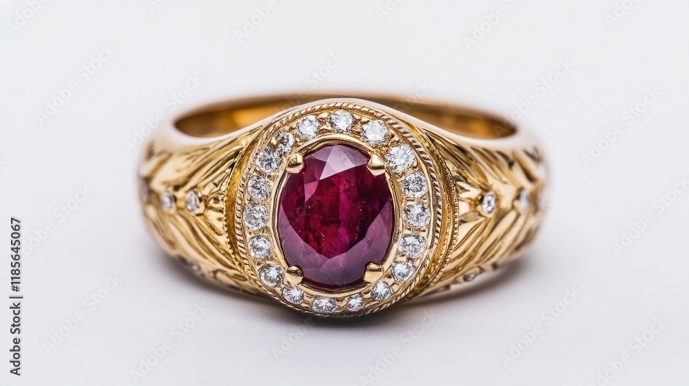 Naklejka premium Elegant vintage ruby and diamond bezel set ring featuring intricate detailing and a luxurious gold band