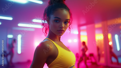 fitness class in progress featuring female model in yellow sports bra, showcasing strength and determination in vibrant, colorful gym environment. atmosphere is energetic and motivating photo