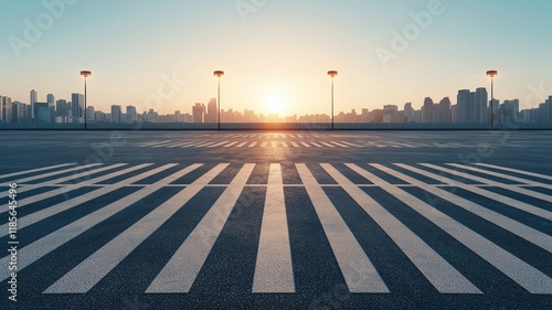 Fototapeta Naklejka Na Ścianę i Meble -  Wide view empty concept. Urban street at sunrise with pedestrian crosswalk and city skyline.