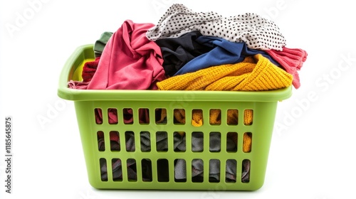 Colorful clothes piled in a green plastic laundry basket isolated on a clean white background showcasing everyday laundry items.