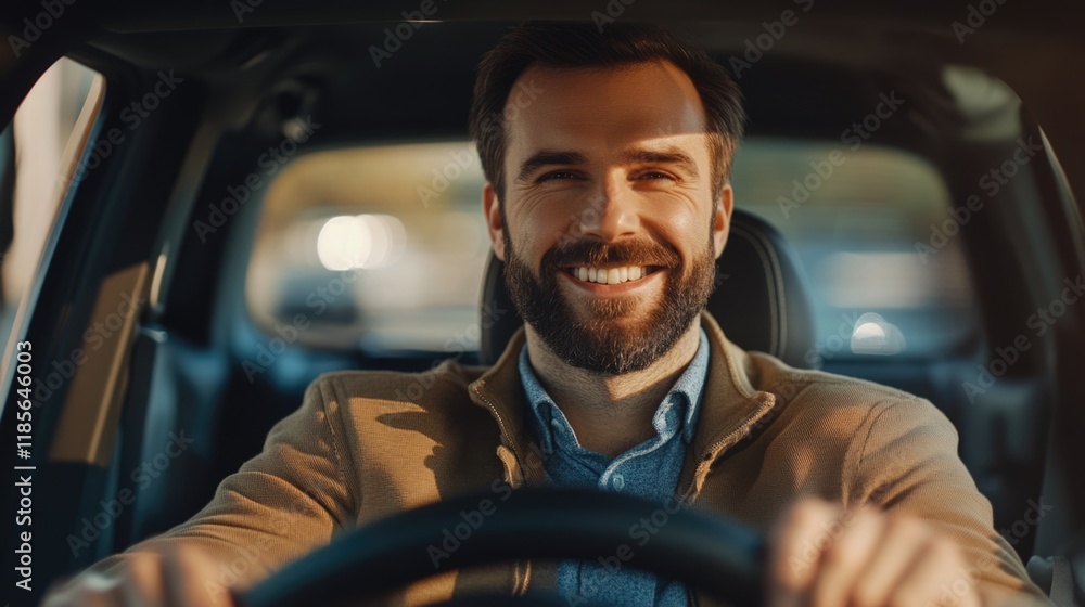 Obraz premium Smiling male car dealer in a cozy interior with warm sunlight inviting customers to experience a new vehicle, offering ample copyspace for text.