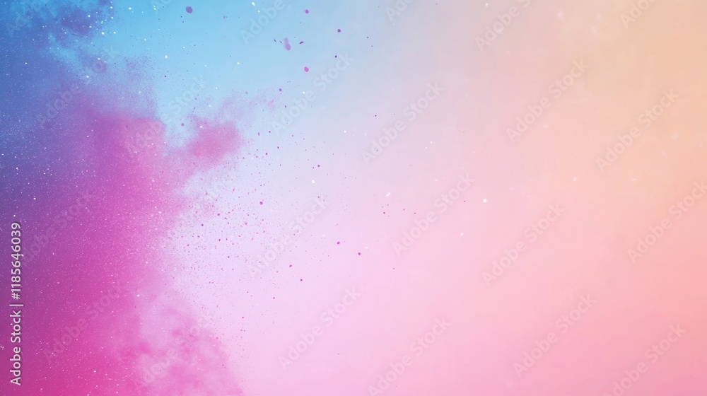 Obraz premium Elegant woman with long hair in vibrant pink and blue ambiance, broadcasting a live makeup tutorial, showcasing beauty products against a gradient pastel background.