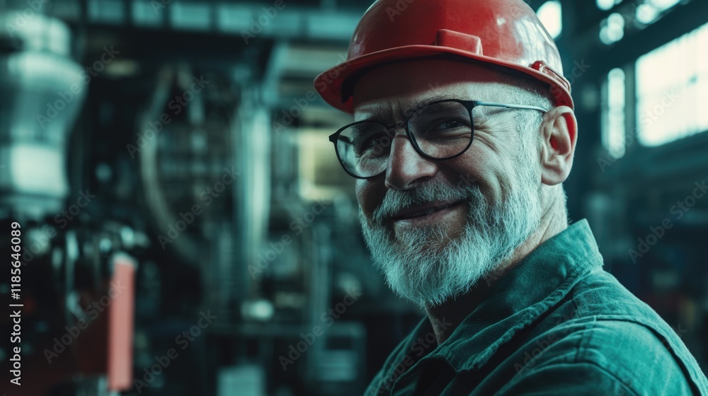 Smiling senior engineer with glasses and red hard hat instructing young machine operator in heavy industrial factory setting with metallic machinery in background Smiling senior engineer with glasses and red hard hat instructing young machine operator in heavy industrial factory setting with metallic machinery in background