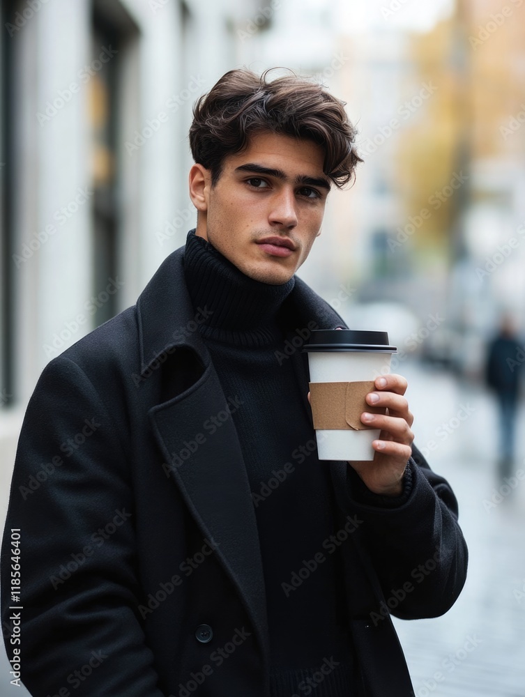Stylish young man in a black coat holding a coffee cup on an urban street with soft autumn colors and large empty space for text, shallow depth of field. Stylish young man in a black coat holding a coffee cup on an urban street with soft autumn colors and large empty space for text, shallow depth of field.