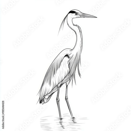Majestic Great Blue Heron in Water: A Stunning Black and White Illustration