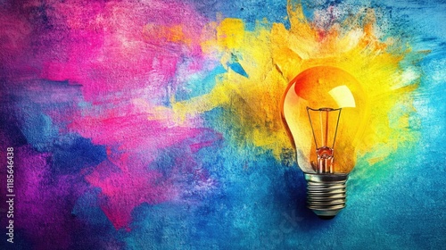 Colorful abstract background featuring a glowing light bulb on the left with vibrant pink, blue, and yellow paint splashes providing ample copy space for text design. photo