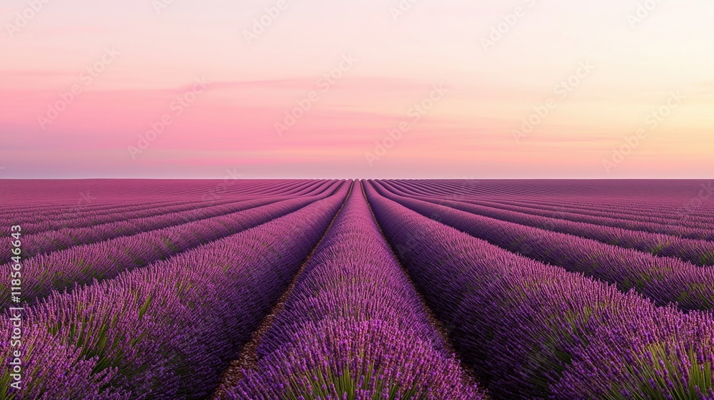 Obraz premium Wide view empty concept. Lavender fields under a pastel sky at sunset.