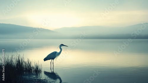 Cocoi Heron standing gracefully by the serene waterscape during early morning mist with tranquil landscape in the background photo