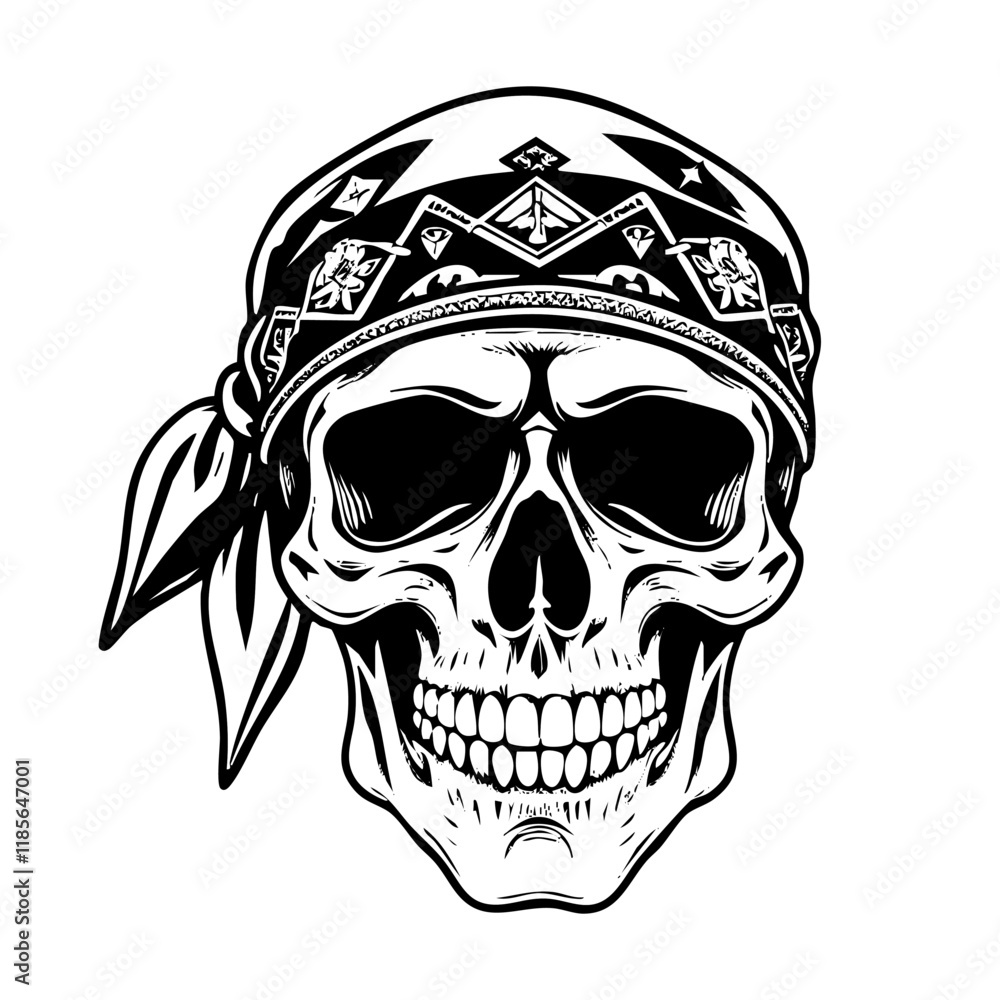 Fototapeta premium skull wear bandana engraving black and white outline. Scratch board imitation.