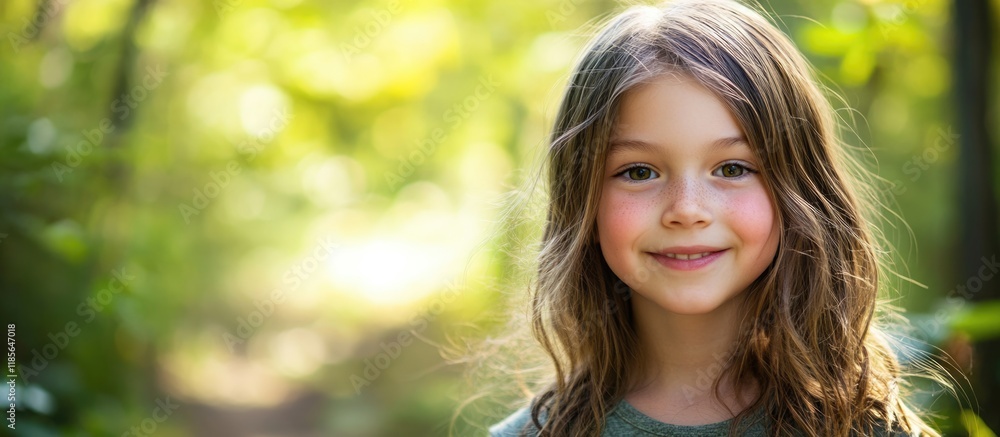 Girl in Michigan woods with blurred green background and ample copyspace for text, sunlight filtering through trees, close-up portrait shot. Girl in Michigan woods with blurred green background and ample copyspace for text, sunlight filtering through trees, close-up portrait shot.