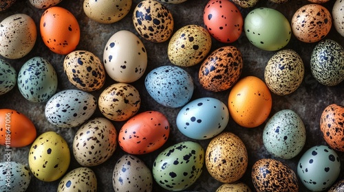 Vibrant Quail Eggs on Rustic Background Celebrating Easter Festivities and Seasonal Joy photo