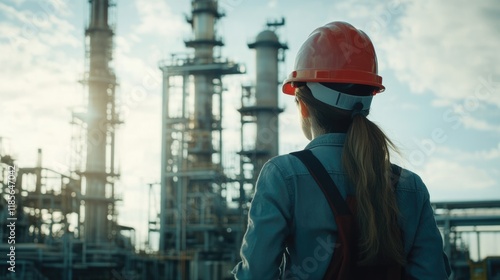 Female petroleum engineer in orange hardhat observing oil refinery equipment during sunset, with expansive blue sky for text placement.