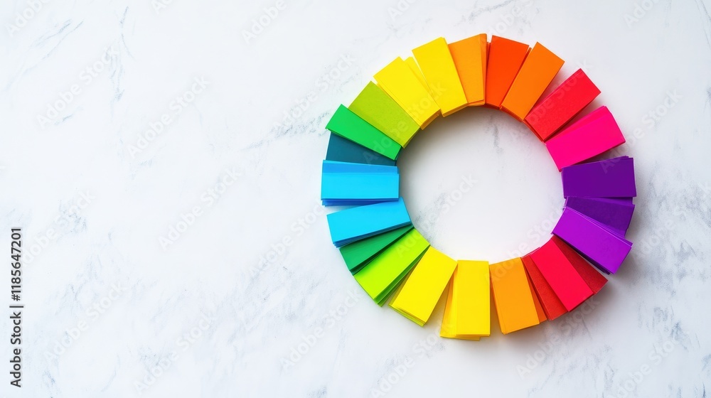 Obraz premium Colorful rainbow circle of sticky notes on a bright surface for brainstorming creativity planning and promoting diversity and inclusion ideas