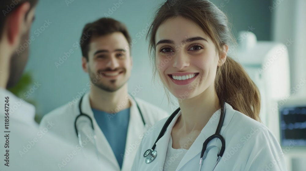 Smiling female doctor with stethoscope in white coat consulting male patient in modern medical center with soft green background and ample copyspace for text Smiling female doctor with stethoscope in white coat consulting male patient in modern medical center with soft green background and ample copyspace for text