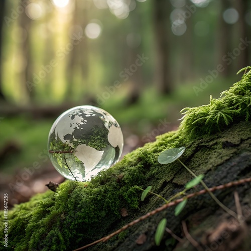 Crystal globe glass on green moss in forest to protect nature Save and care for sustainable