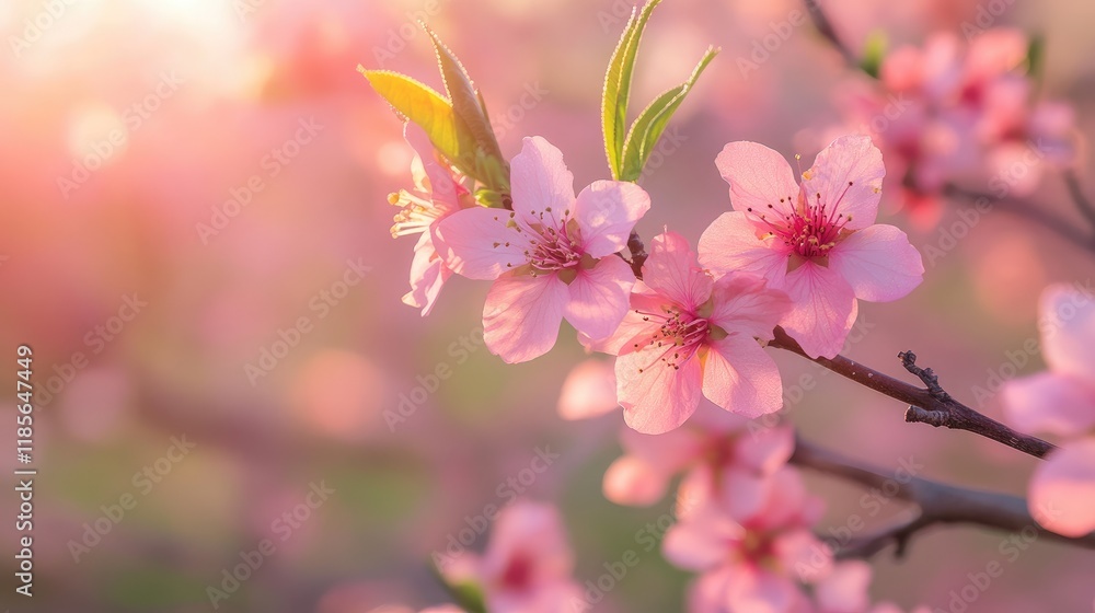 Obraz premium Peach Tree Blossoms Bathed in Gentle Sunlight Signifying the Joys of Springtime Bloom