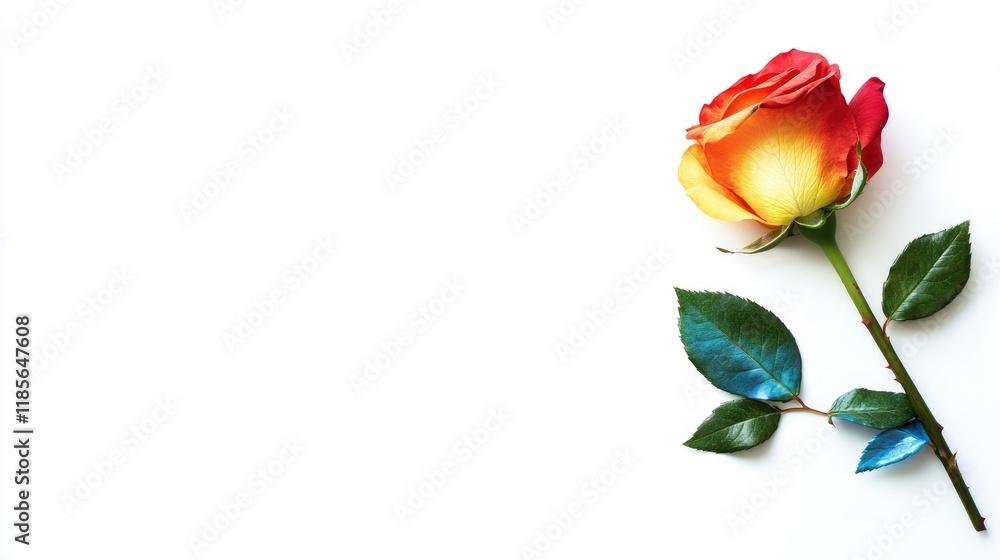 Fototapeta premium Vibrant rainbow rose with yellow and red petals displayed elegantly on a clean white background ideal for design and floral themes