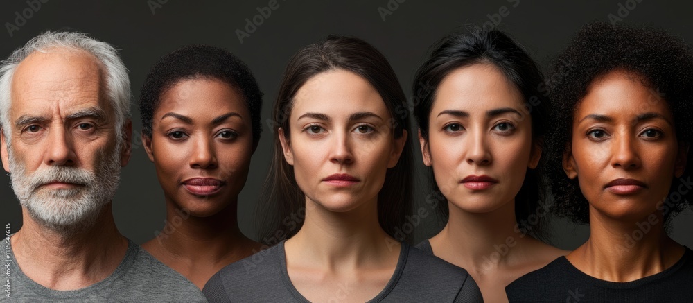 Diverse Group of Five People Headshots in Neutral Tones with Dark Background Featuring Large Copy Space for Text and Expressions of Connection Diverse Group of Five People Headshots in Neutral Tones with Dark Background Featuring Large Copy Space for Text and Expressions of Connection