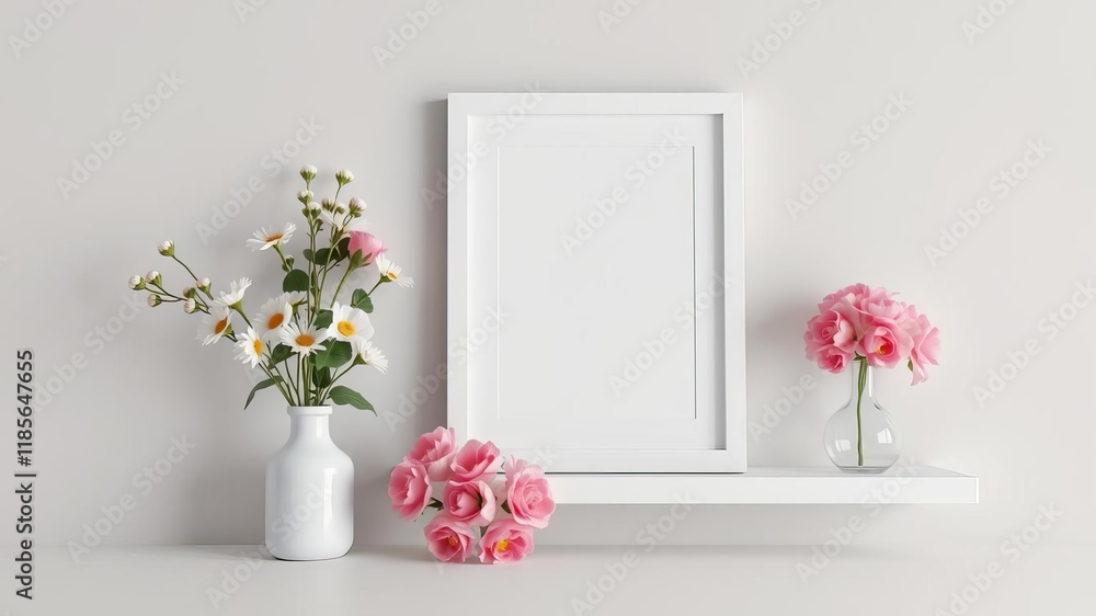 Landscape frame mockup on grey wall with flowers on white shelf, modern, home decor, flowers Landscape frame mockup on grey wall with flowers on white shelf, modern, home decor, flowers