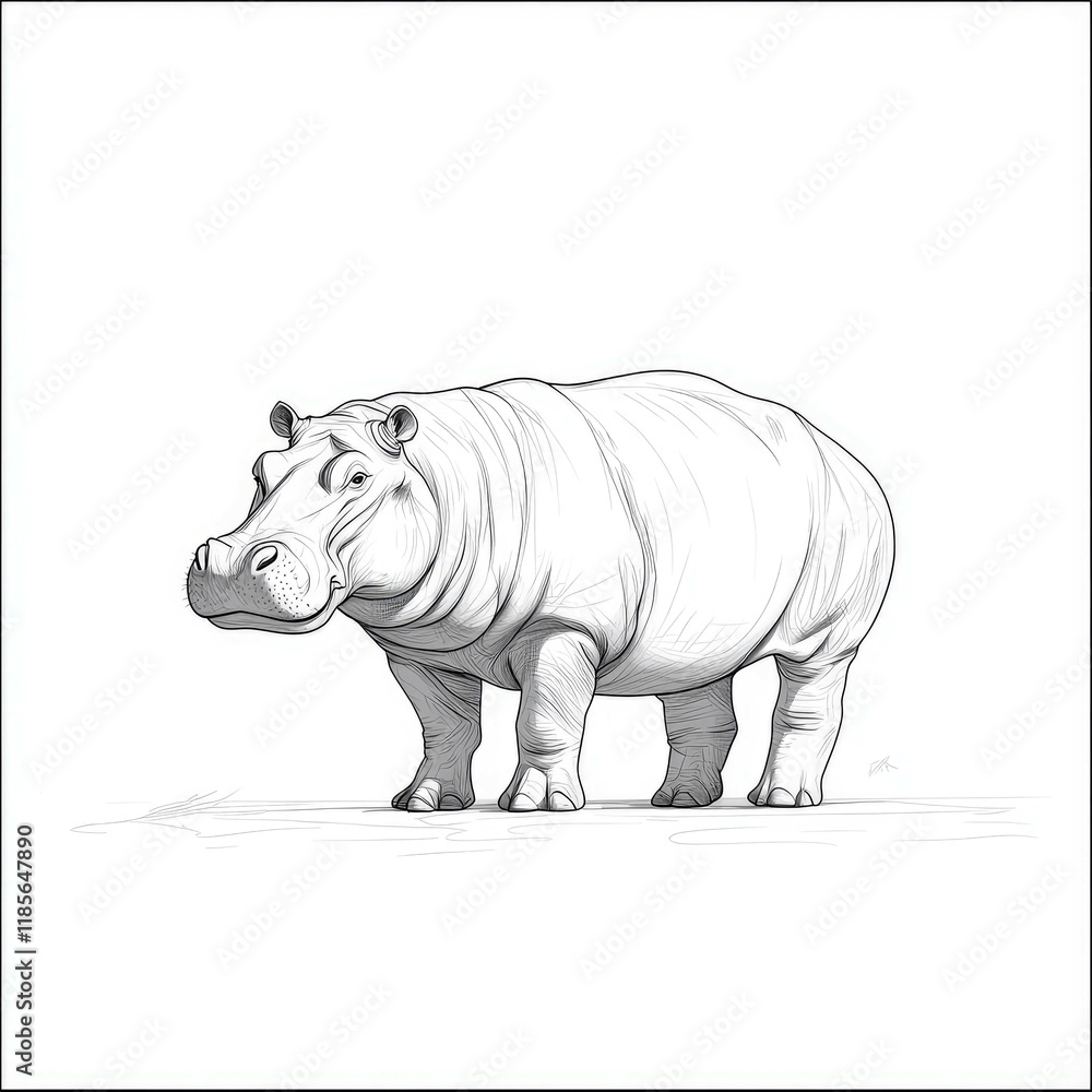 Fototapeta premium Majestic Hippopotamus: A Stunning Black and White Line Art Drawing