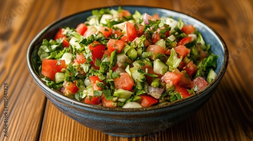 Wallpaper Mural Fresh vegetable salad with lettuce tomatoes cucumbers and herbs in a blue bowl on rustic wooden table background Torontodigital.ca