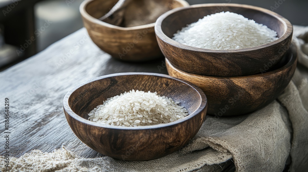 Assorted Rice Varieties in Rustic Wooden Bowls on Textured Surface with Rice Sack Accents Assorted Rice Varieties in Rustic Wooden Bowls on Textured Surface with Rice Sack Accents