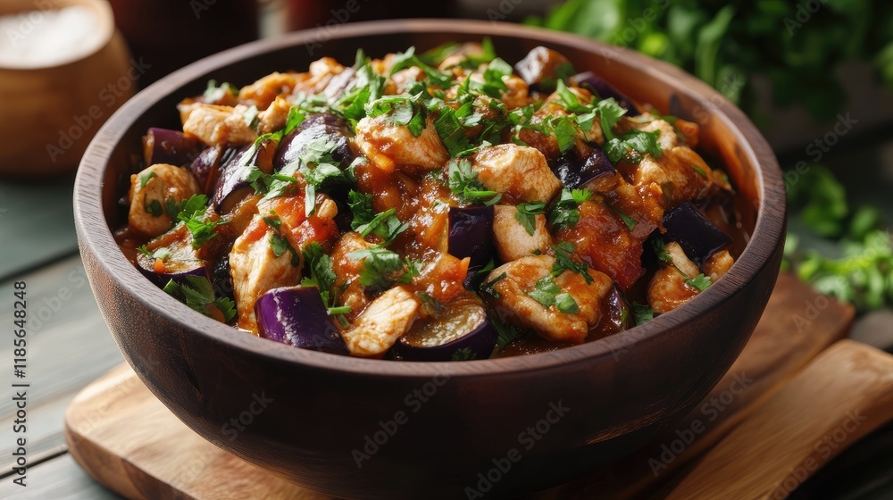 Thai red curry bowl featuring tender chicken and eggplant garnished with fresh herbs served in a rustic wooden bowl on a table Thai red curry bowl featuring tender chicken and eggplant garnished with fresh herbs served in a rustic wooden bowl on a table
