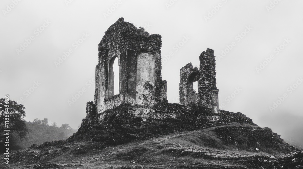 Obraz premium Historical Stone Ruins on a Foggy Hill with Overgrown Landscape and Dramatic Sky