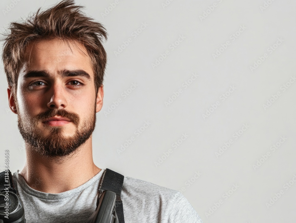 Young man with beard holding trimmer in studio with light gray background and ample copyspace for text on right side of image. Young man with beard holding trimmer in studio with light gray background and ample copyspace for text on right side of image.