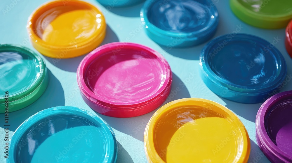 Vibrant Circular Containers in Bright Sunlight Creating a Playful Color Palette Vibrant Circular Containers in Bright Sunlight Creating a Playful Color Palette